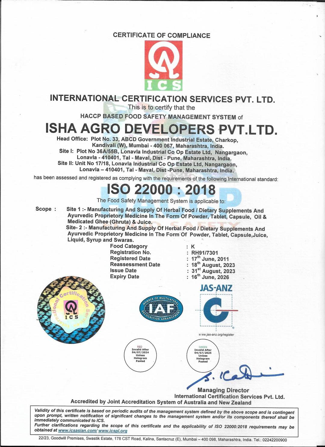 Certificate of Compliance issued by ISO